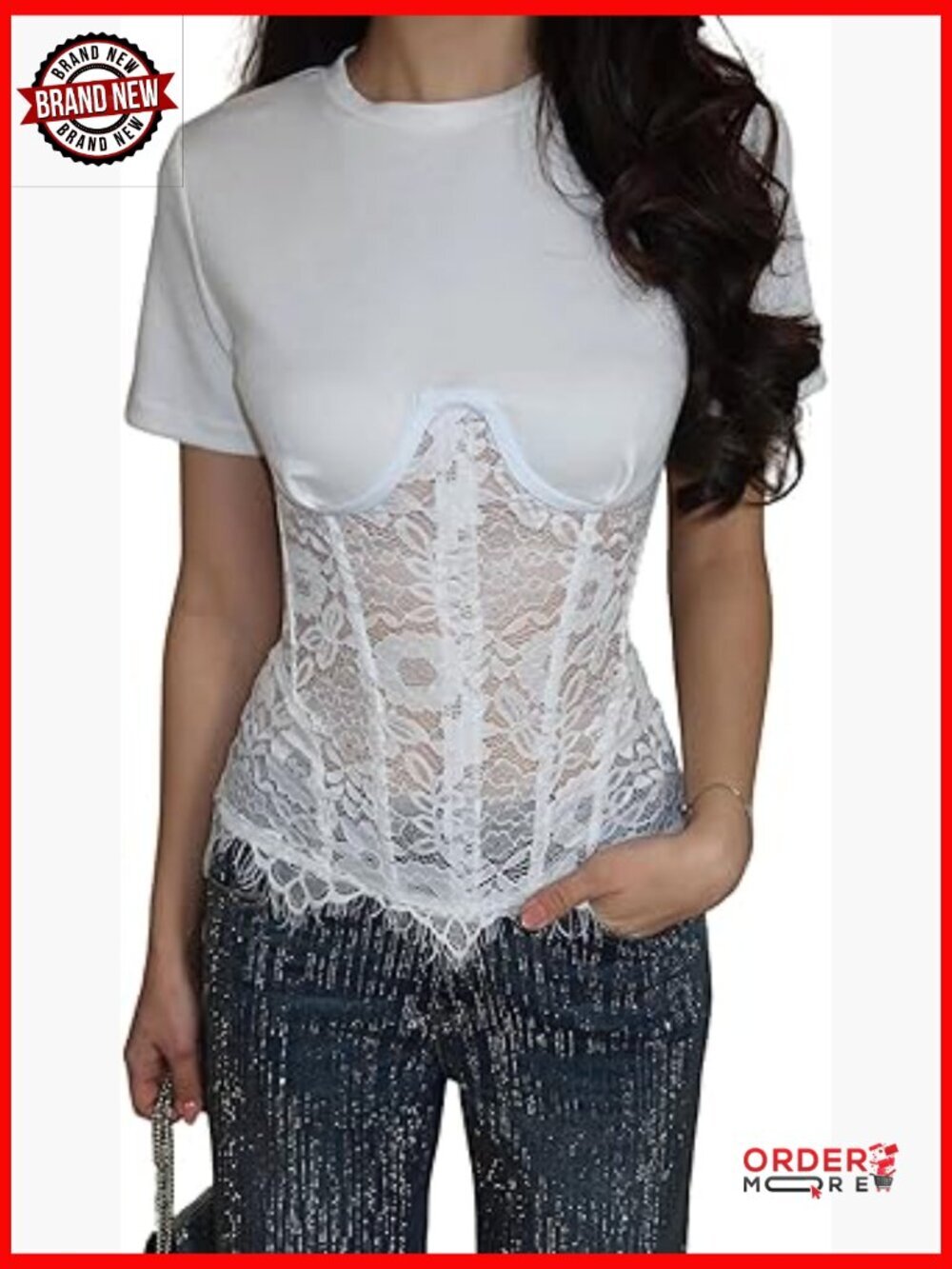 Lace Crop Top Short Sleeve Sheer Mesh Fitted Corset Tee Going Out Top